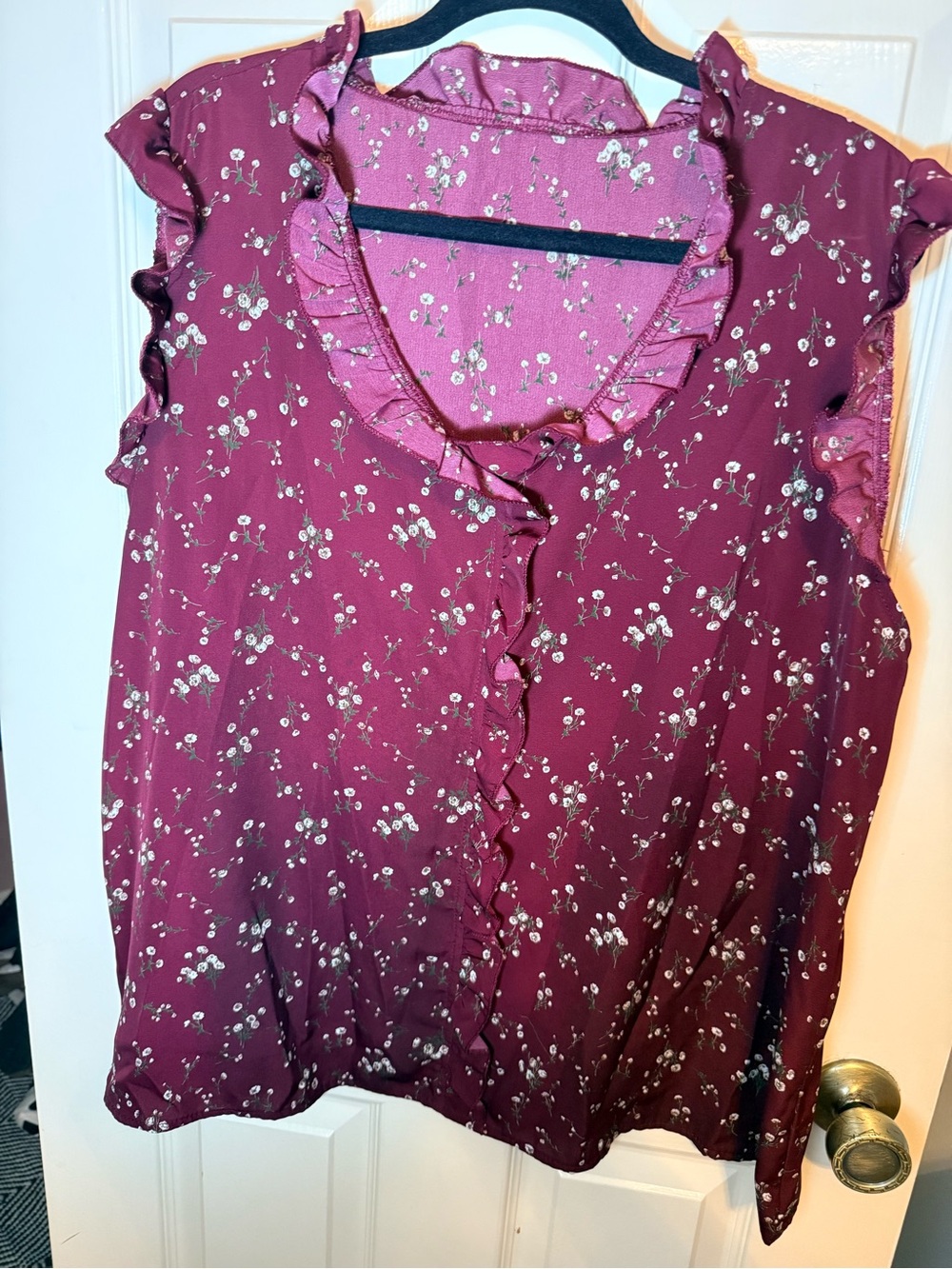 Sleeveless Ruffled Floral Blouse - Burgundy